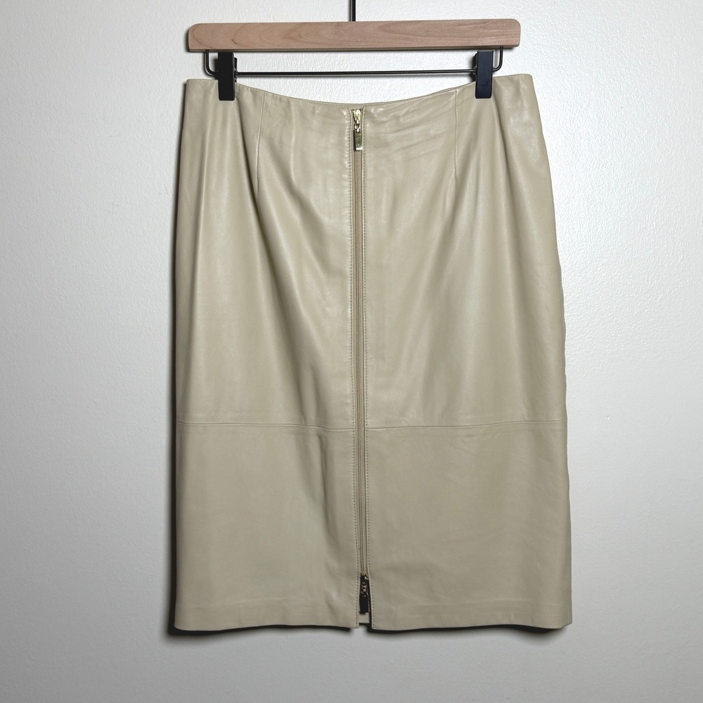 Doncaster Collection Cream Leather Pencil Skirt 6 Beige Gold Zip Office Career